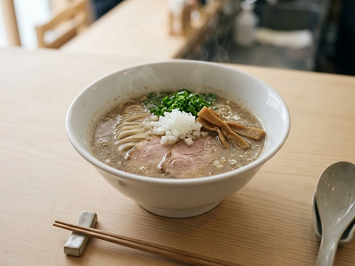 少し濁った煮干しのスープに、細めの麺と刻み玉ねぎをのせた煮干しそばの写真（AIで作成したイメージ）